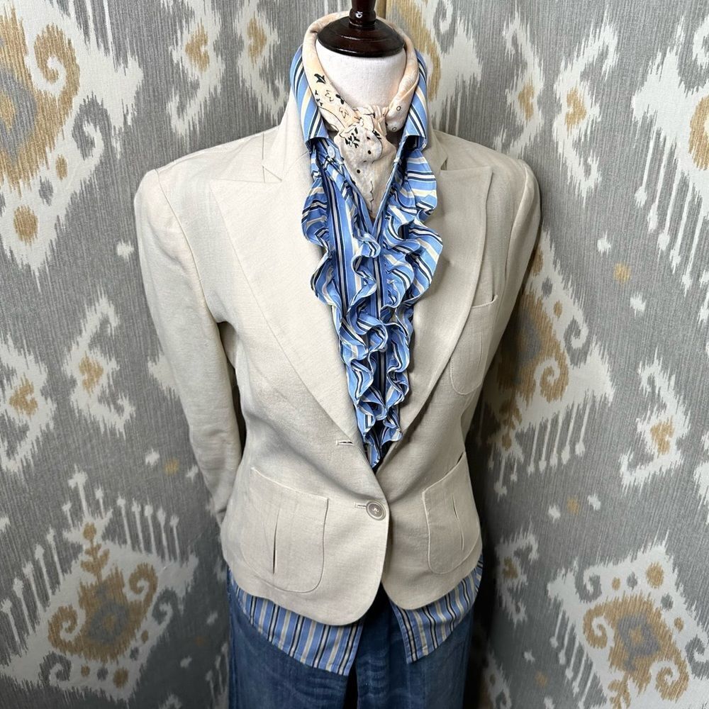 Ralph Lauren Blue Multi Shadow Stripe Ruffle Placket L/S Button Up Blouse